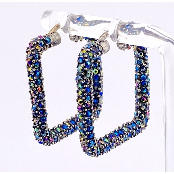 Pave Crystal Square Hoops Earrings Sterling Silver Iridescent Dark Blue GORGEOUS - Picture 1 of 5